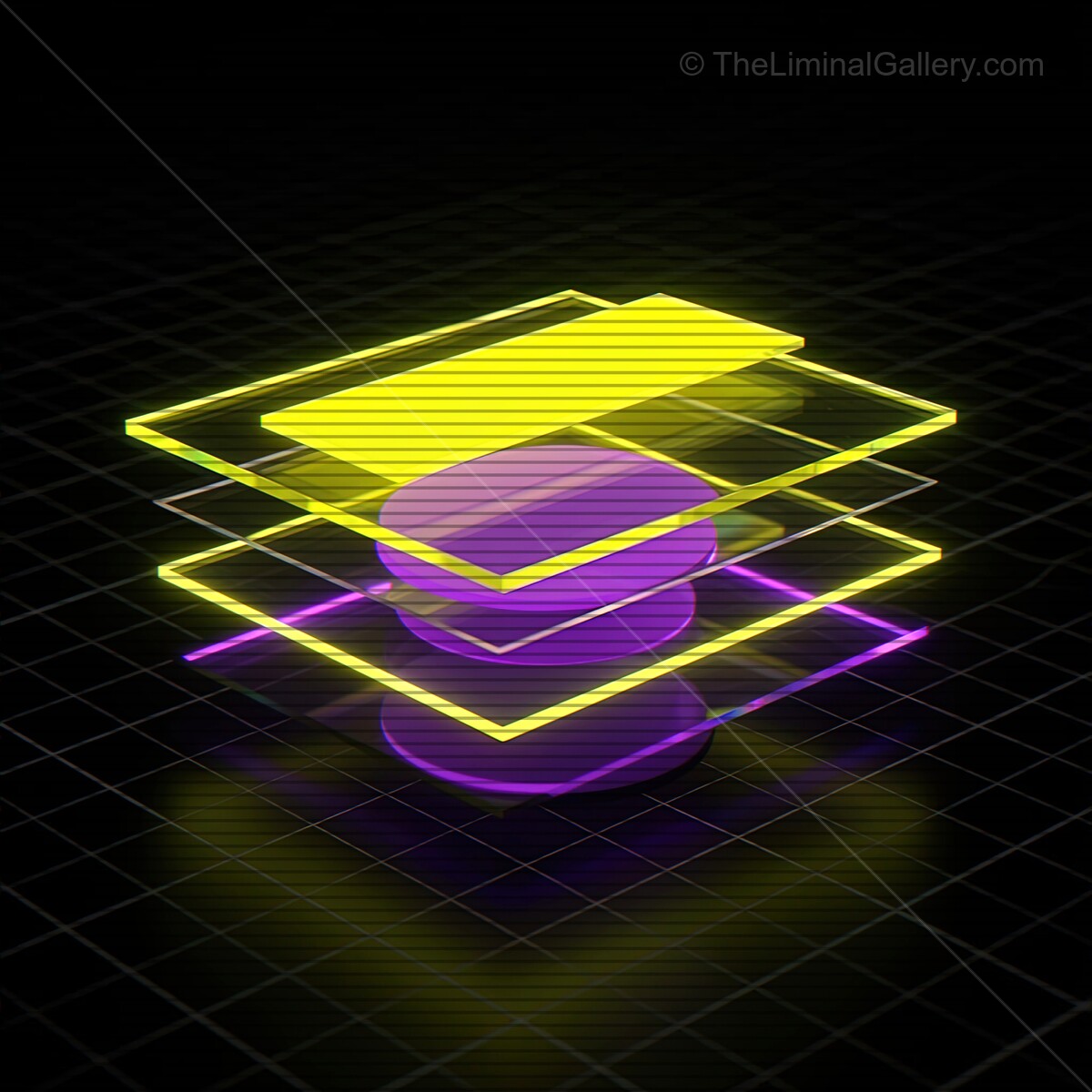 Synthwave-inspired glass shapes illuminated with neon colors create a vibrant digital aesthetic