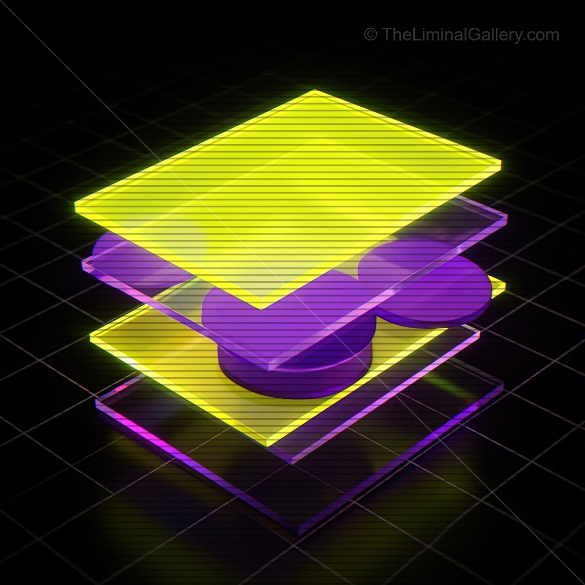 Vibrant synthwave glass shapes glowing with retro VHS lines in a dark digital realm