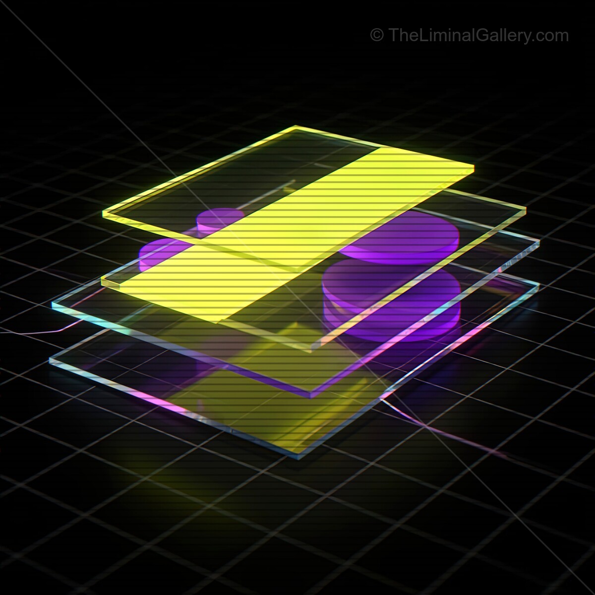 Vibrant synthwave glass shapes with VHS lines creating a nostalgic futuristic landscape