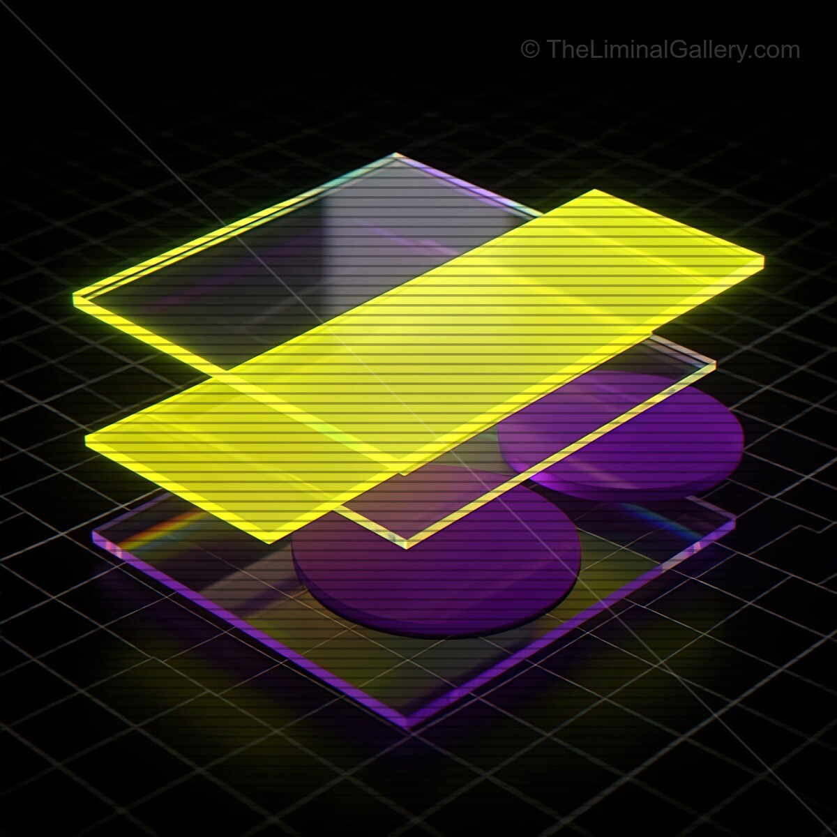 Vibrant synthwave glass shapes with retro VHS lines create a nostalgic atmosphere of digital art