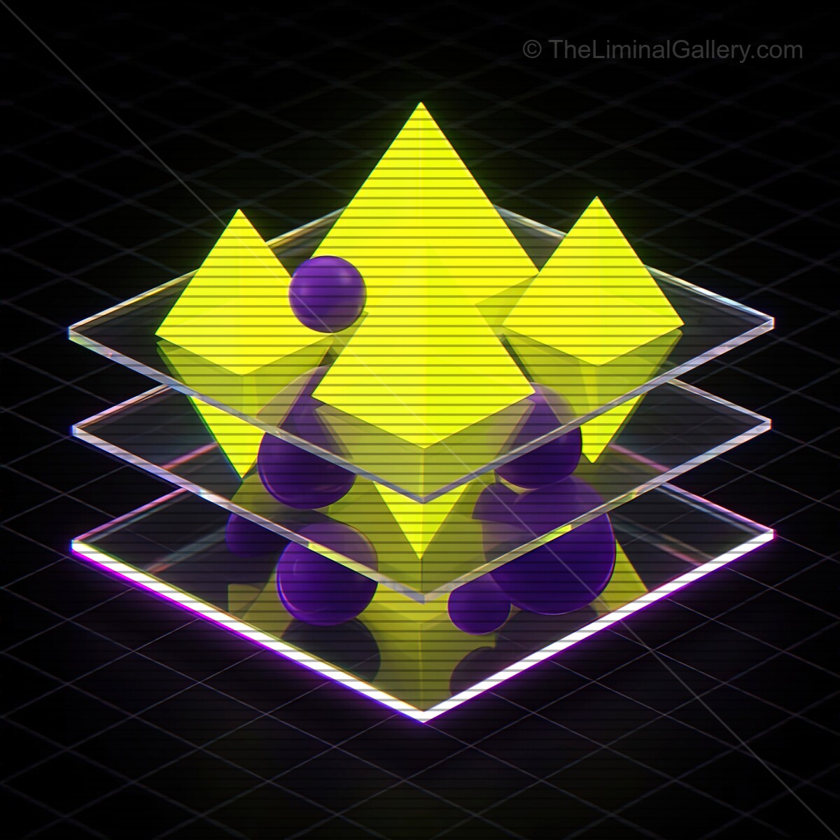 Futuristic synthwave glass shapes with vibrant colors and retro VHS lines creating a digital landscape