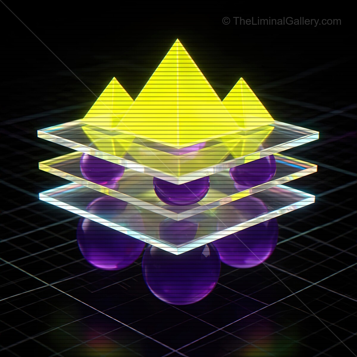 Shining synthwave glass shapes create a colorful interplay of light and shadow against a digital backdrop