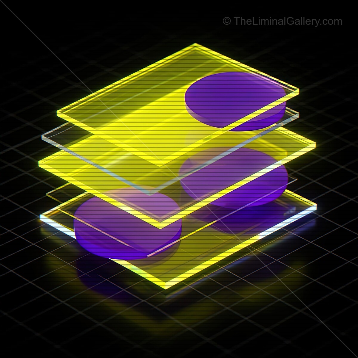 Futuristic synthwave glass shapes with vibrant colors and VHS style lines create a dazzling display of retro aesthetics in a digital space