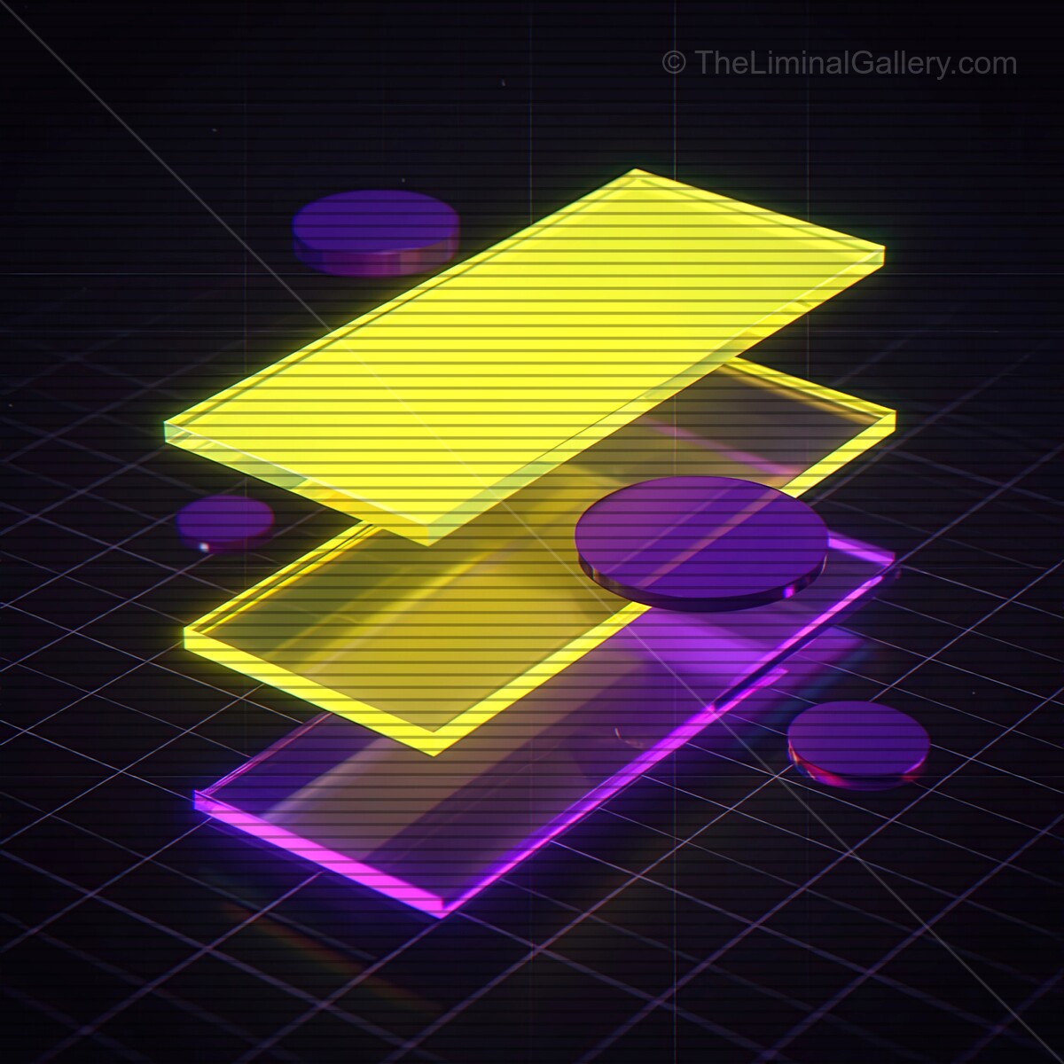 Colorful synthwave glass shapes with retro VHS lines creating a futuristic digital landscape