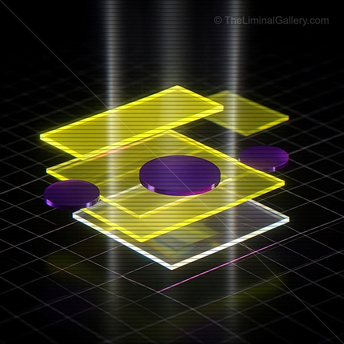 Vibrant synthwave glass shapes interplaying with VHS lines in a retro futuristic world