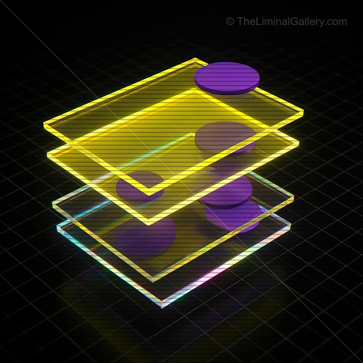 Vibrant synthwave glass shapes with VHS lines creating a neon dreamscape