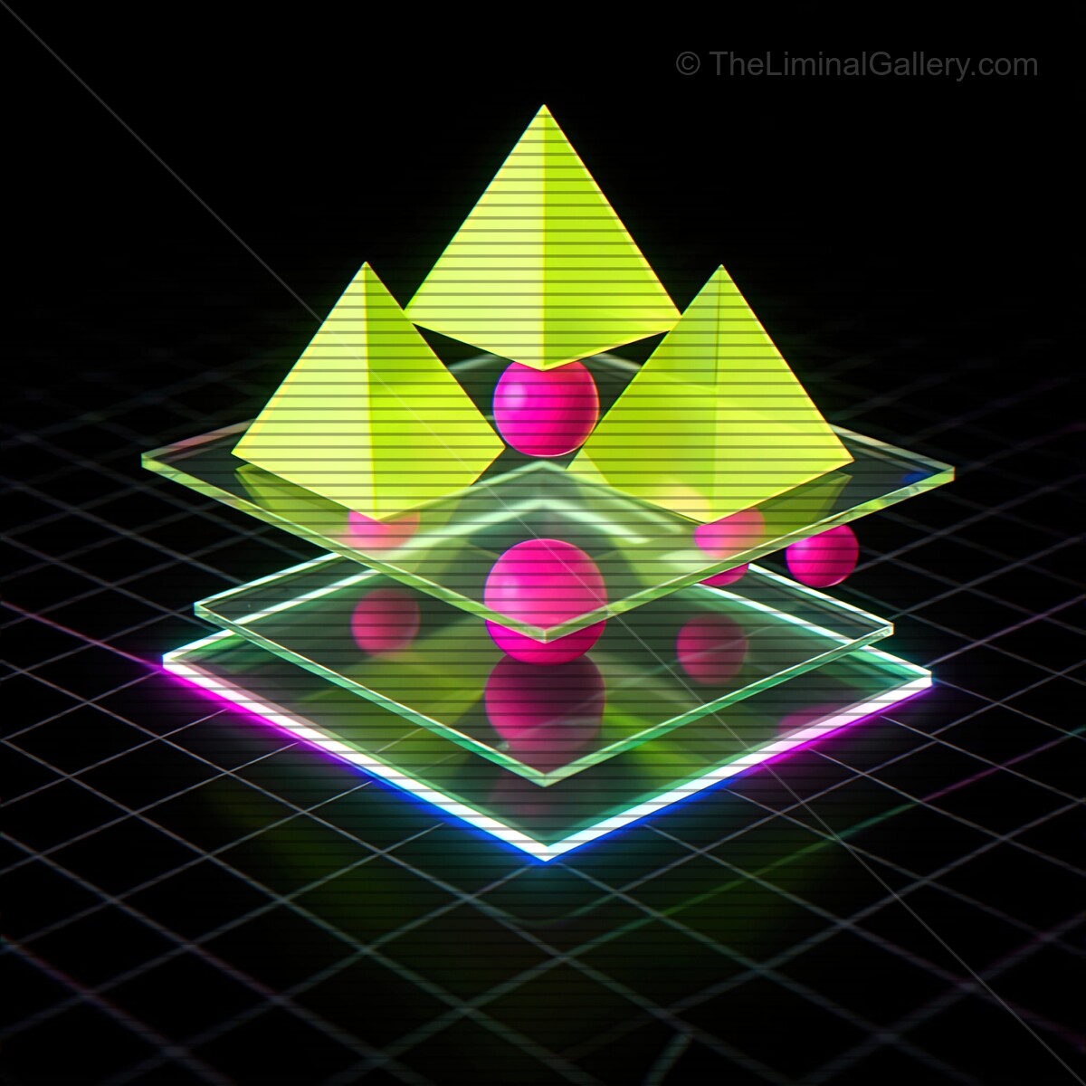 Synthwave inspired geometric shapes with vibrant colors and VHS lines create a retro-futuristic ambiance