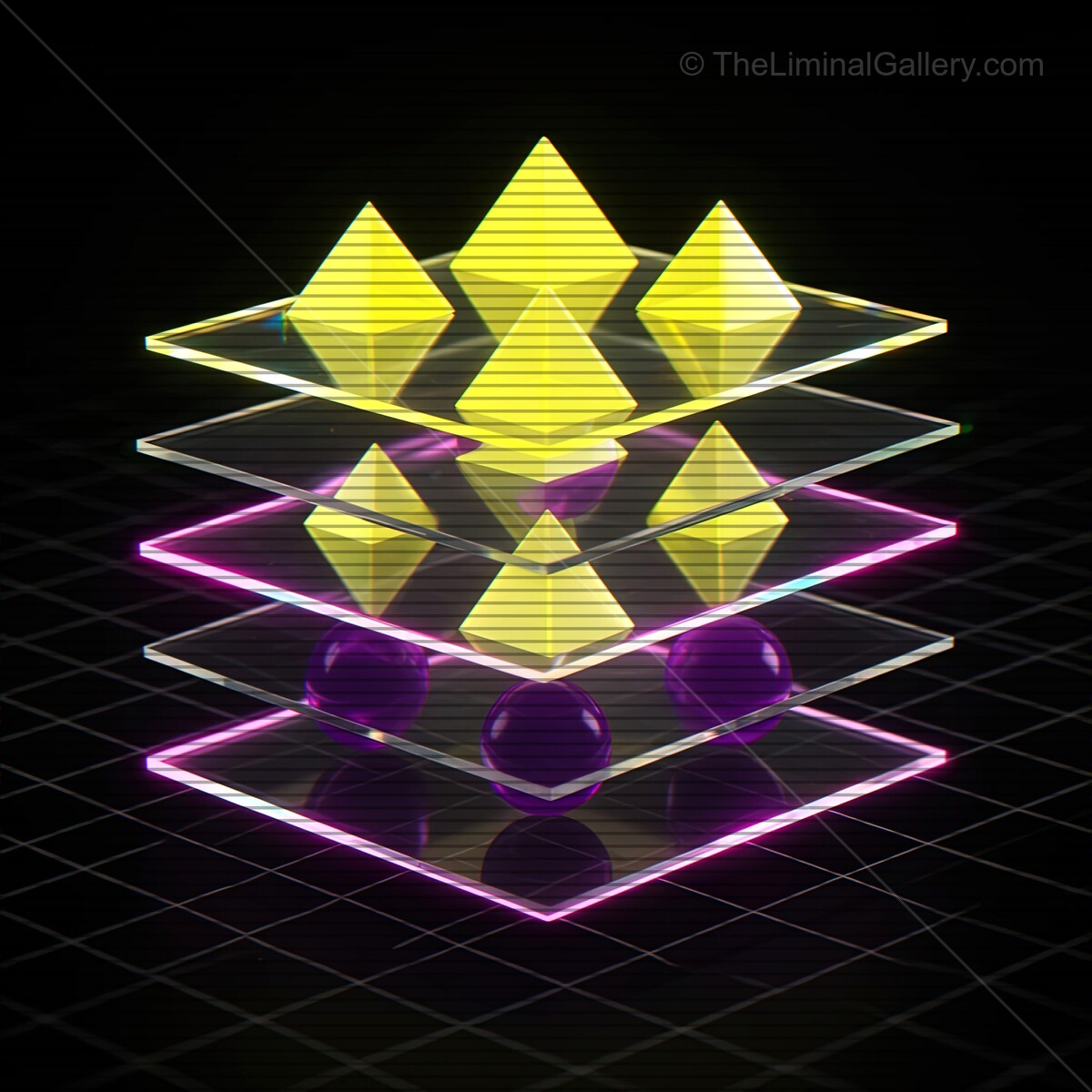 Vibrant synthwave glass shapes reflect a retro aesthetic with VHS lines glowing in neon colors