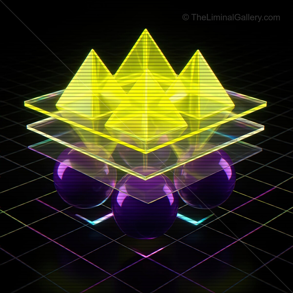 Vibrant synthwave glass shapes intertwining with retro VHS lines in an electrifying digital landscape