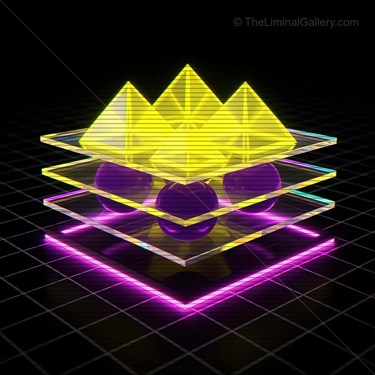 Synthwave-inspired glass shapes form a mesmerizing display with vibrant colors and nostalgic VHS lines at a digital art exhibition