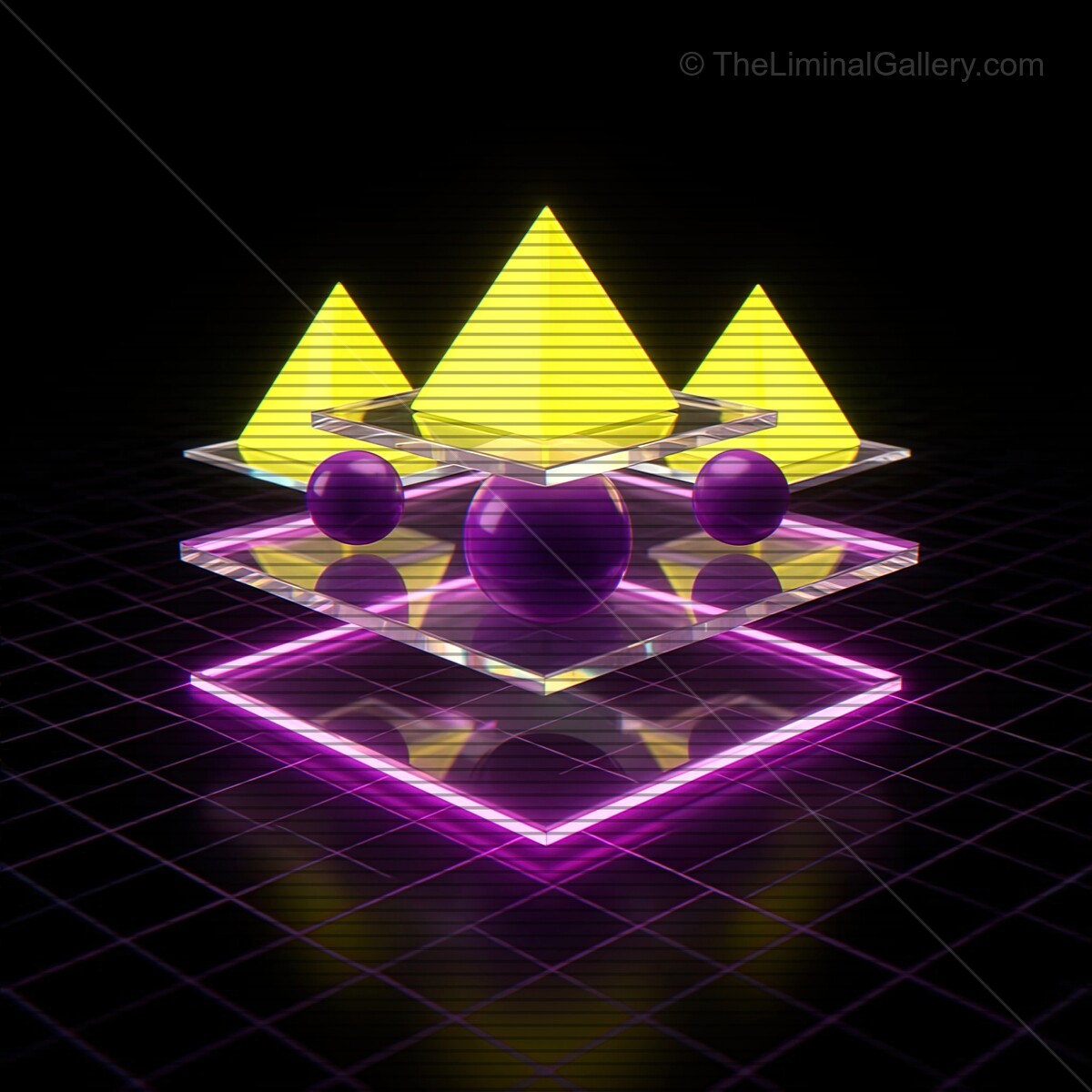 Synthwave-inspired geometric shapes with vibrant neon colors and retro VHS lines create a mesmerizing visual experience