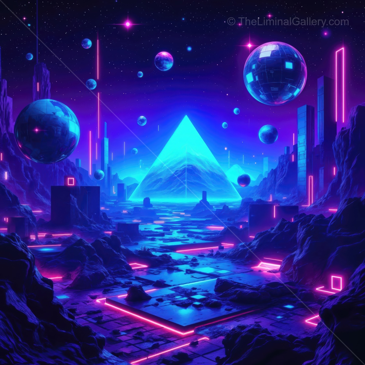 Vibrant alien landscape featuring neon lights and cosmic elements under a starry sky