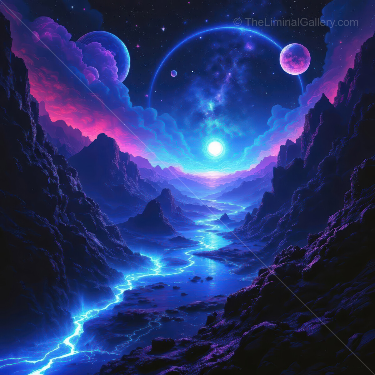 Cosmic valley illuminated by ethereal rivers and celestial bodies under a vibrant sky