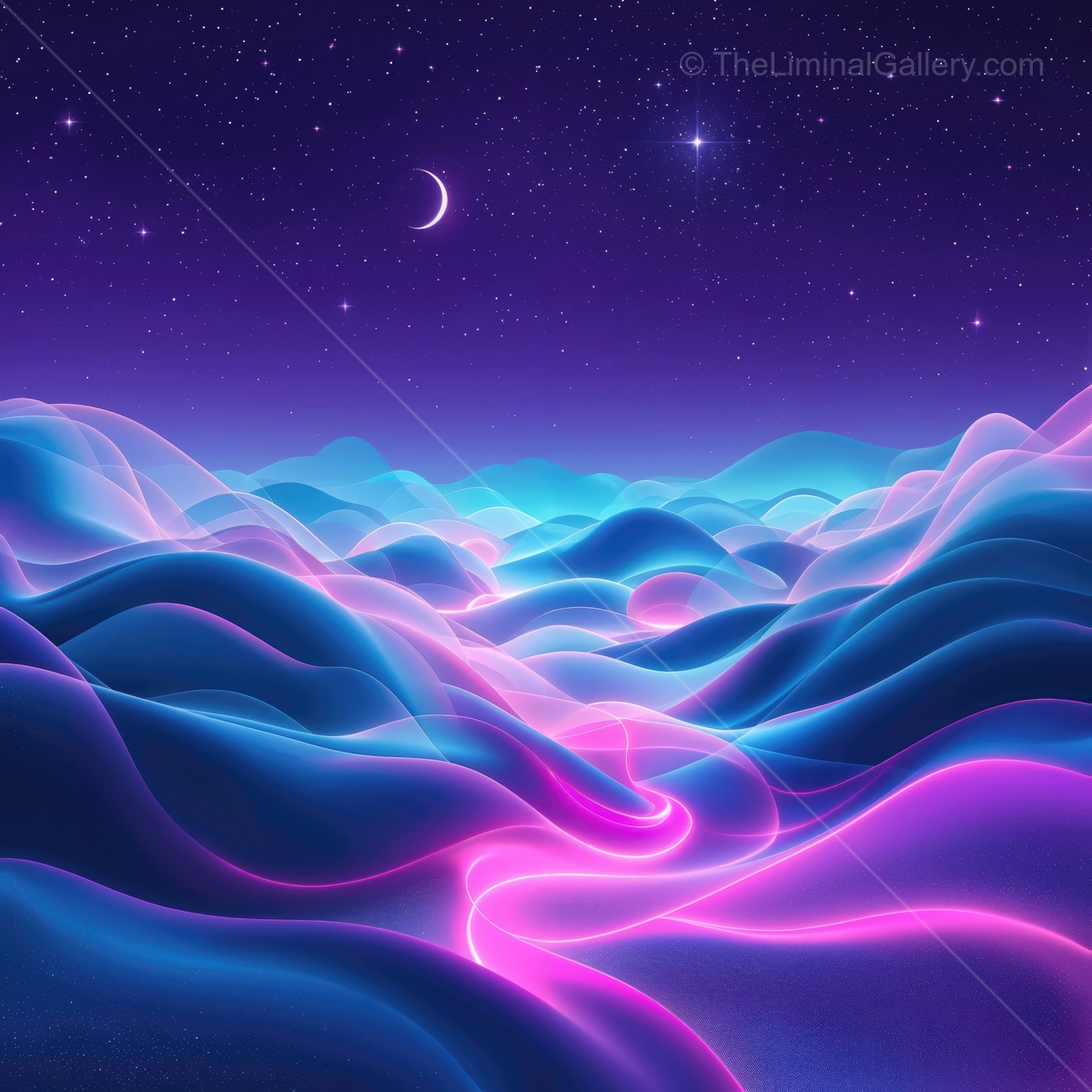 Vibrant waves of color dance under a starlit sky in a surreal night landscape