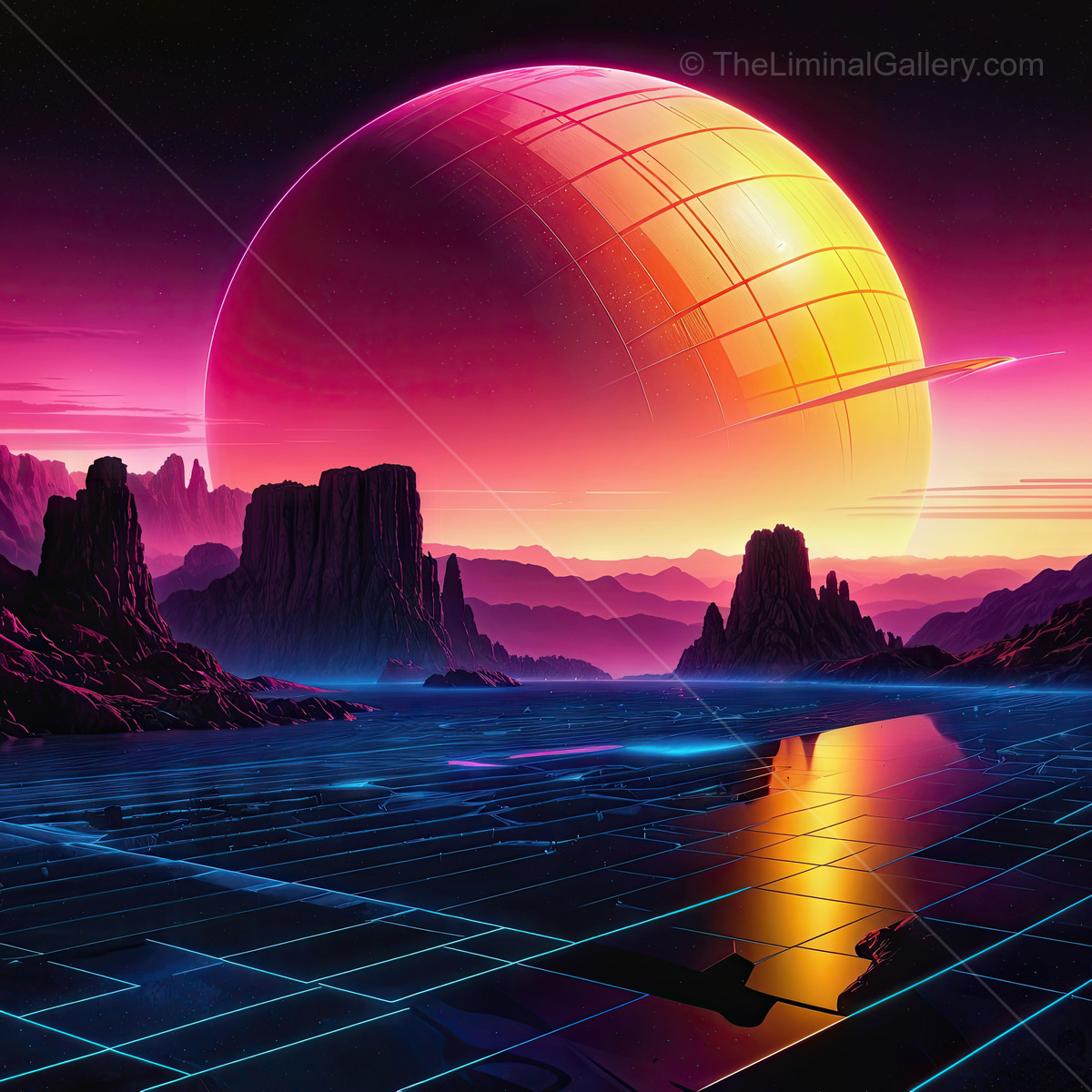 Vibrant synthwave cosmic landscape showcasing a surreal sunset on an alien world with towering mountains and grid-like terrain