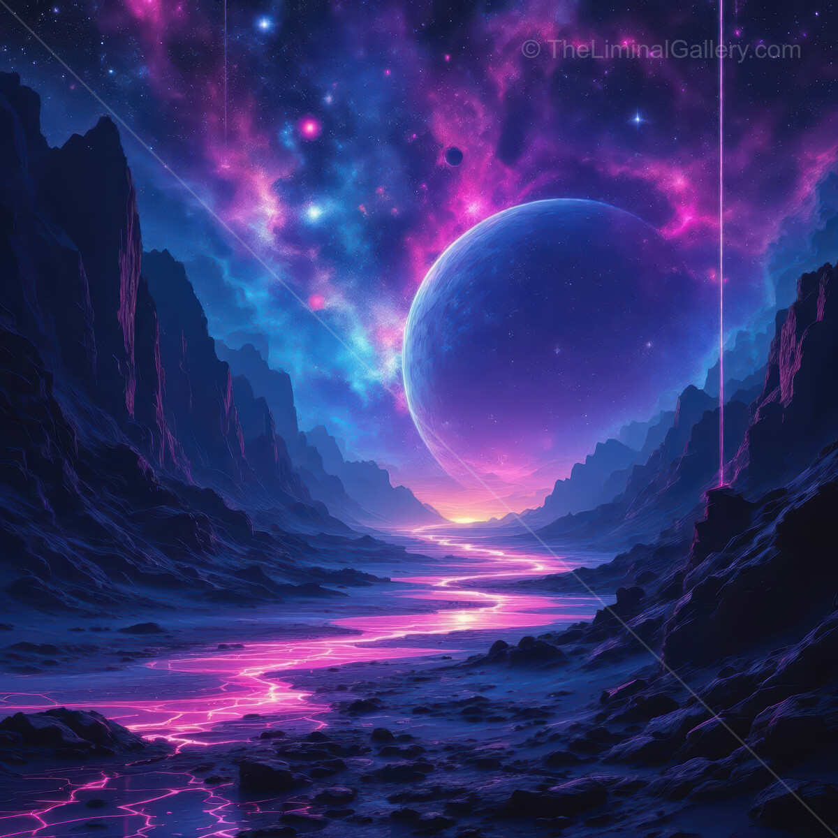 Vibrant cosmic landscape with luminous river and majestic mountains at twilight