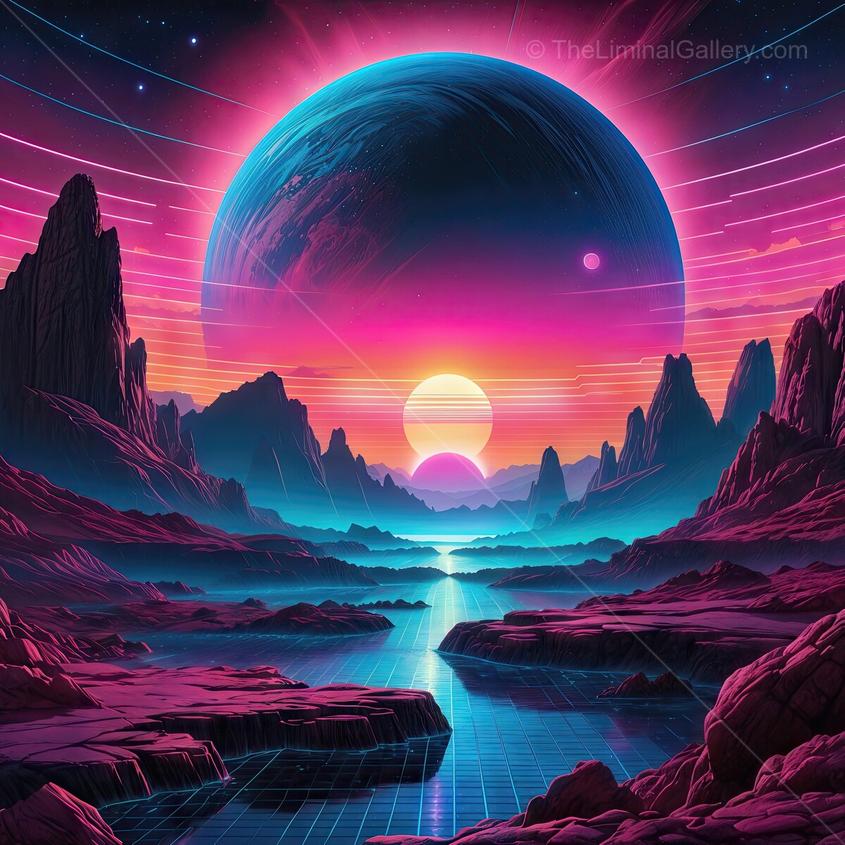 Vibrant synthwave cosmic landscape with twin suns setting over a tranquil alien river