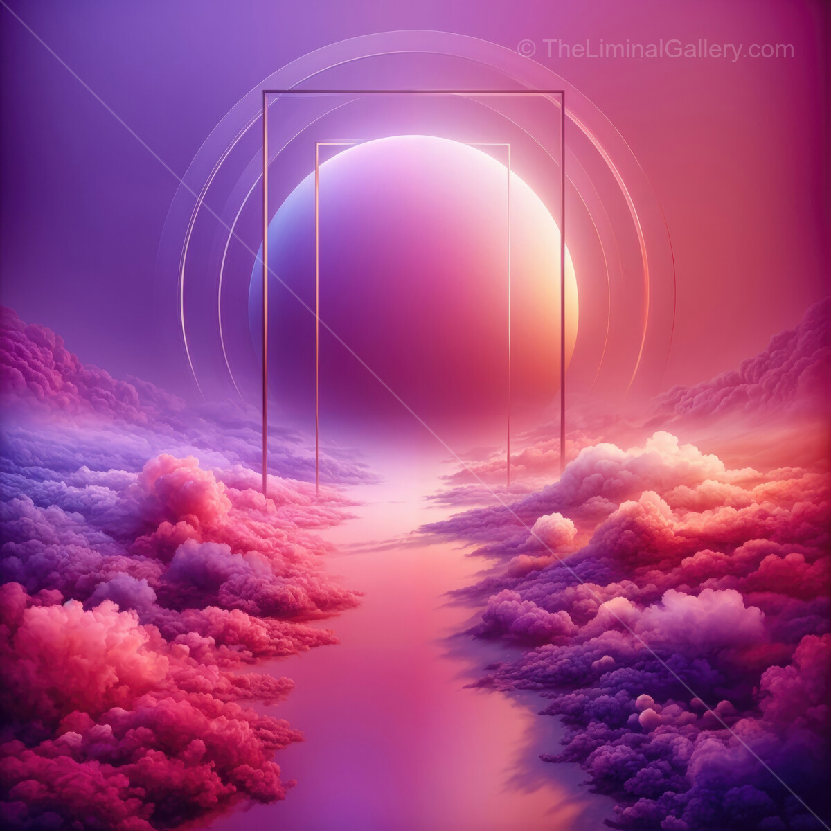 Dreamy cosmic portal glowing softly in a surreal lavender sky at dusk