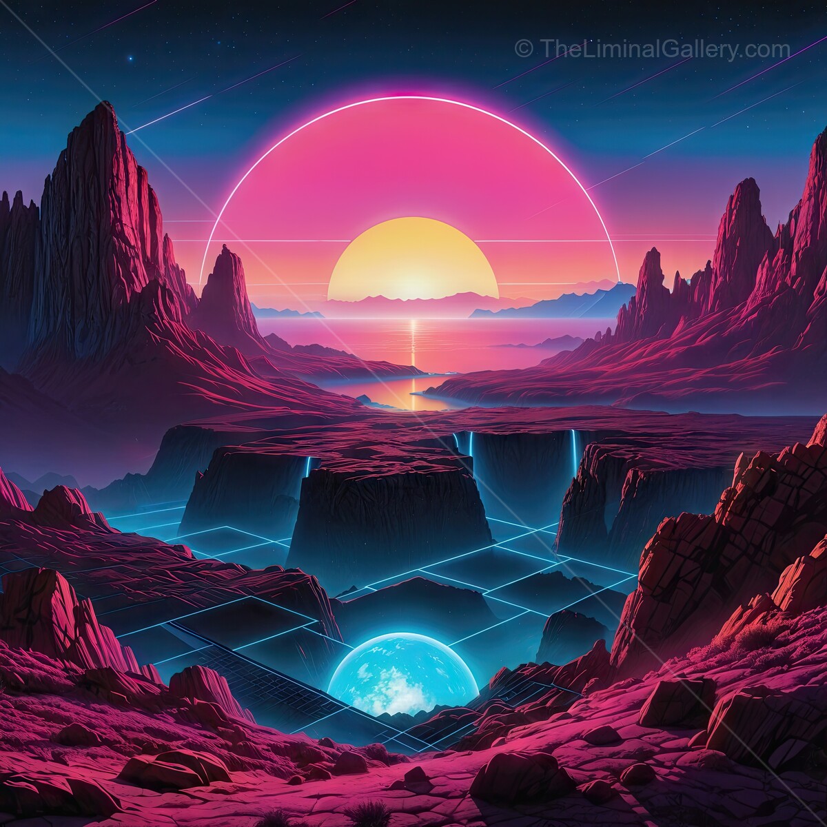 Vibrant landscapes of a futuristic synthwave sunset illuminating rugged mountains and glowing terrain