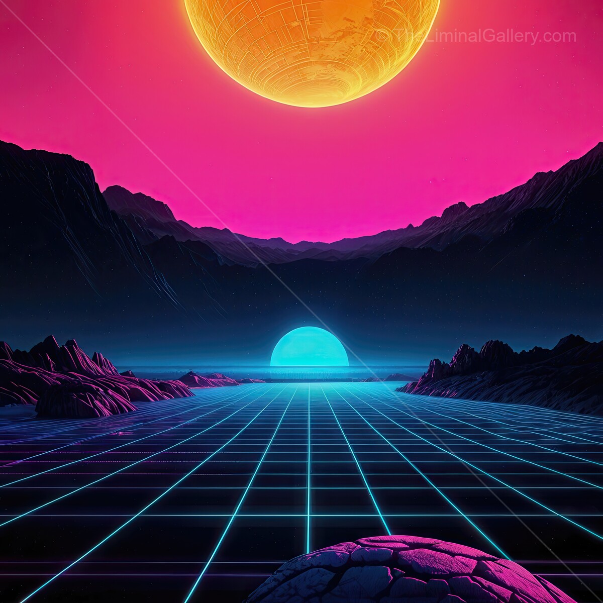 Vibrant sunset synthwave journey across a cosmic landscape under two glowing celestial bodies