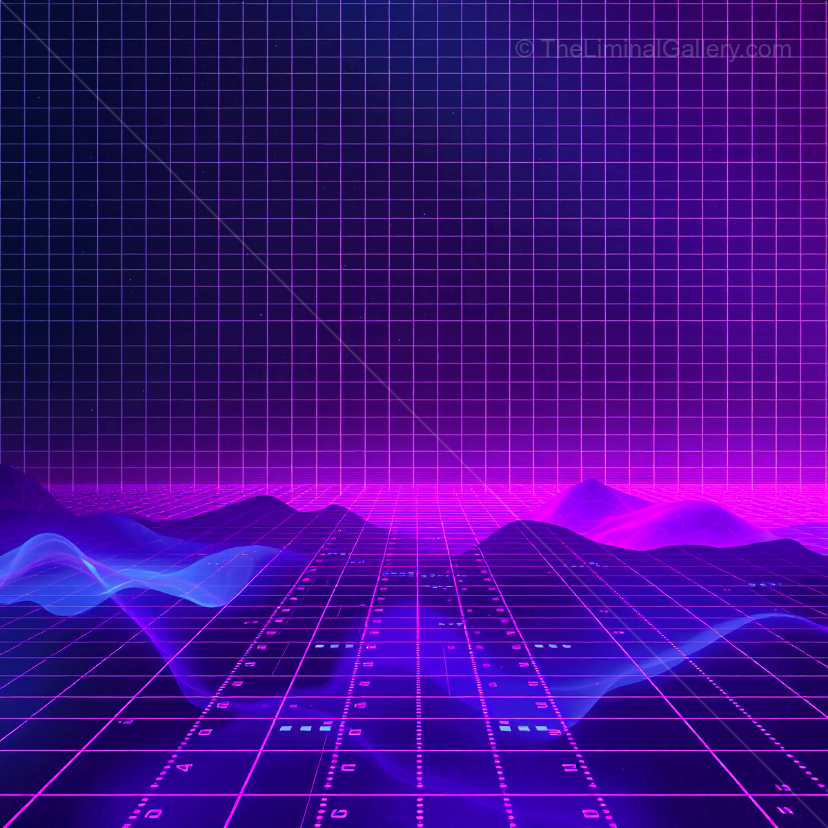 Digital synthwave landscape with vibrant grids and waves under a cosmic horizon at twilight