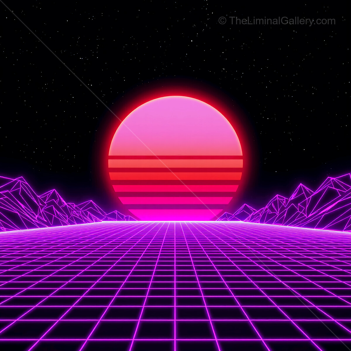 Vibrant sunset over digital mountains fills the night sky with neon colors and geometric patterns