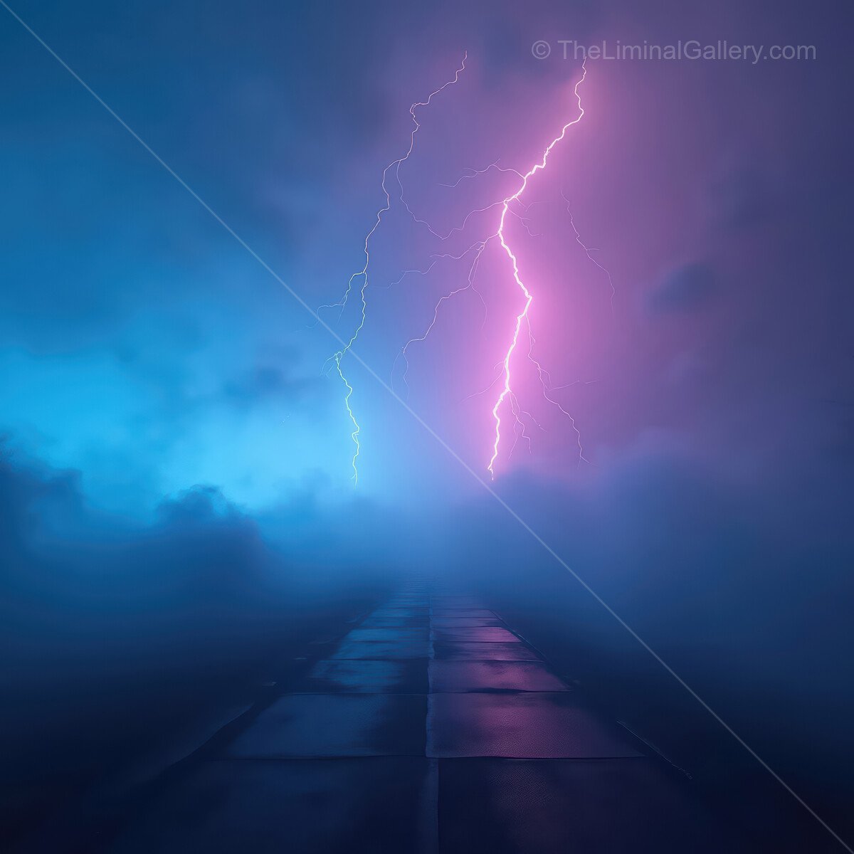 Mysterious lightning illuminates a foggy road under a captivating twilight sky