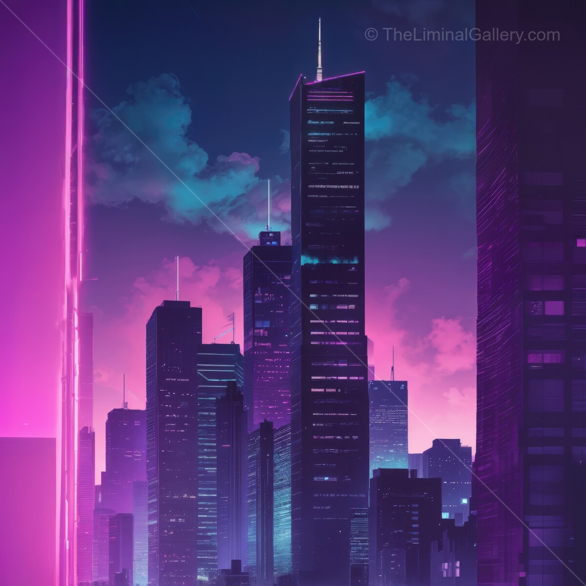 Neon synthwave glow illuminates a futuristic city skyline under a twilight sky