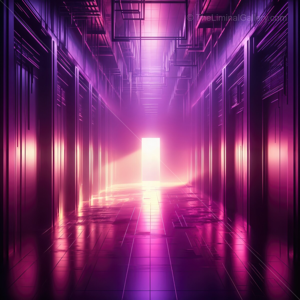 Vibrant corridor illuminated by ethereal light invites exploration in a futuristic realm