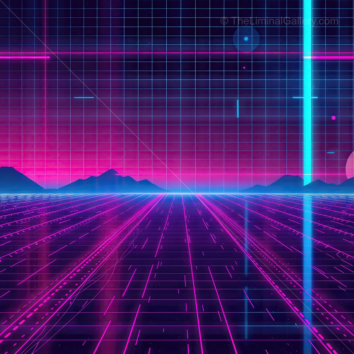 Futuristic synthwave neon landscape with grid lines and glowing mountains during a vibrant twilight