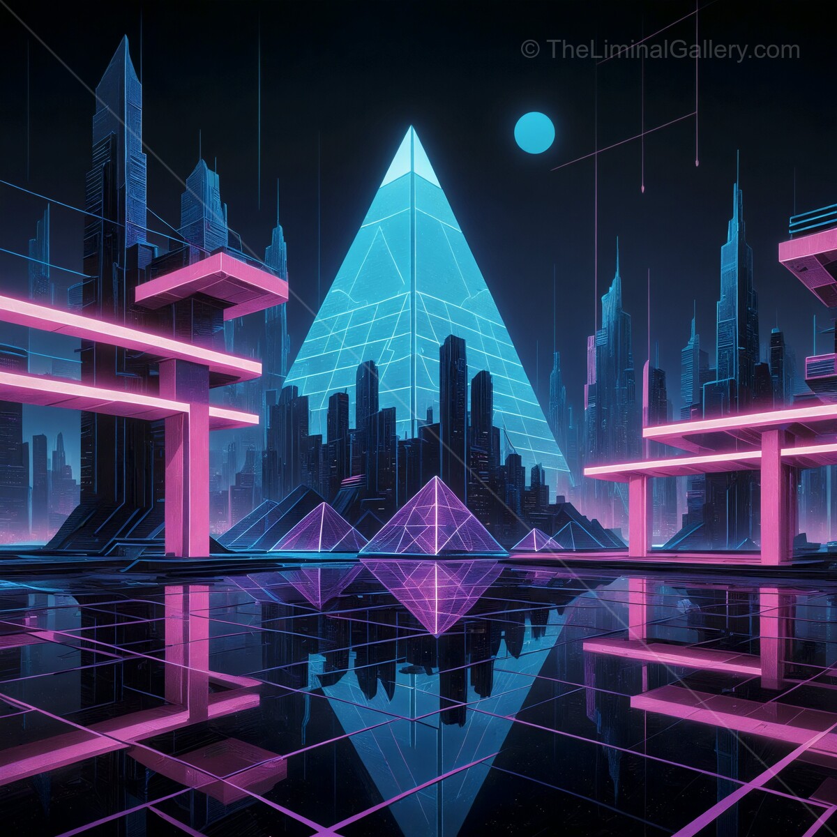 Vibrant geometric landscape with neon elements and futuristic architecture