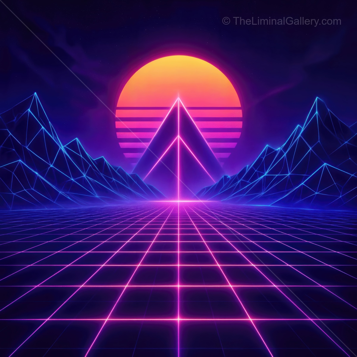 Vibrant sunset illuminates geometric mountains in a futuristic landscape with neon colors