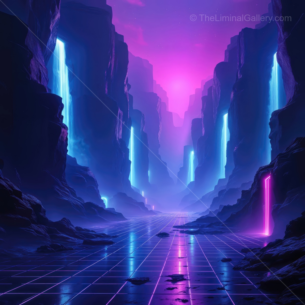Mysterious canyon with glowing waterfalls and neon lights in a surreal landscape