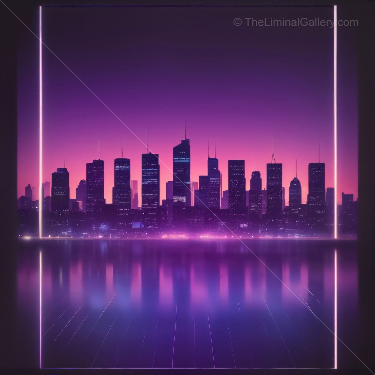 Synthwave city skyline reflects vibrant hues at dusk near the water under a purple sky