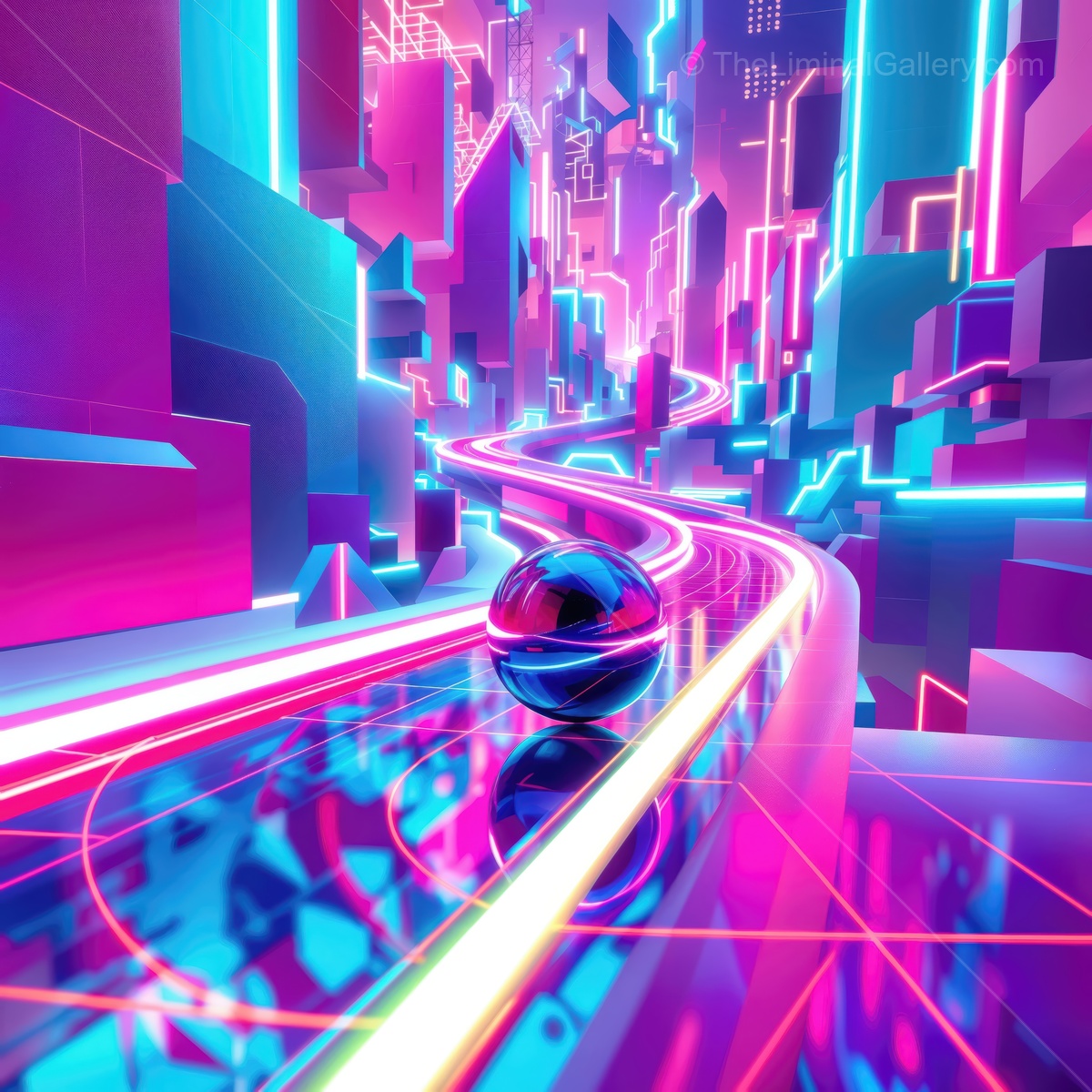 Vibrant neon cityscape with a reflective sphere and winding futuristic pathways