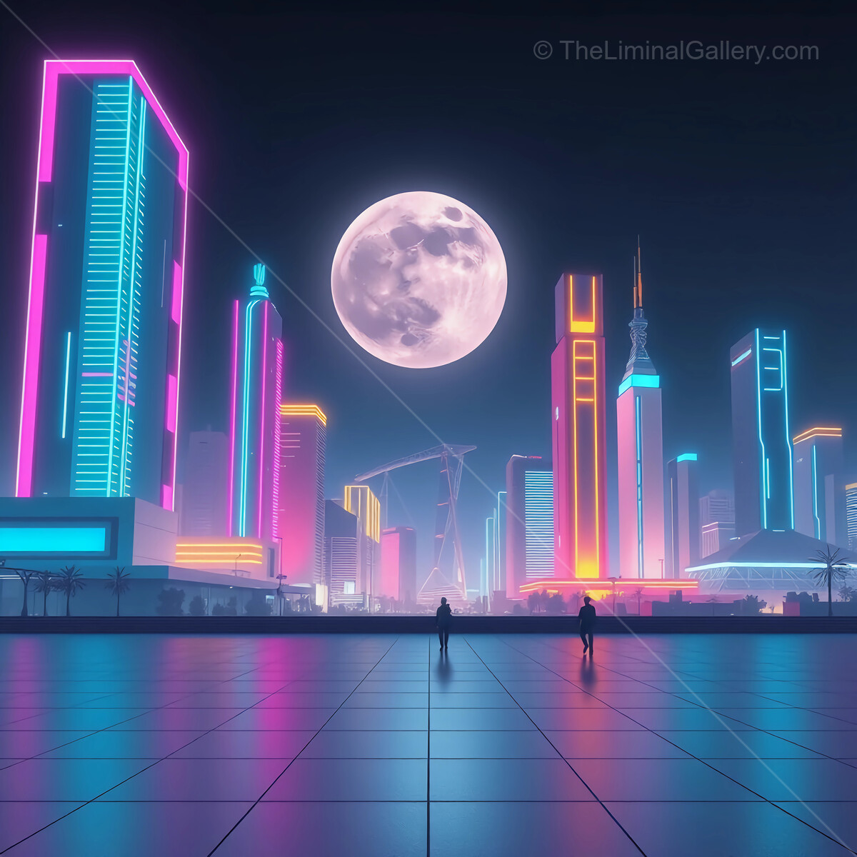 Nighttime synthwave cityscape bursts with neon hues under a luminous full moon in a futuristic urban setting