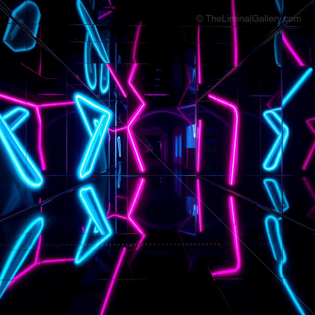 Neon colors illuminate a futuristic synthwave corridor at night in a vibrant digital landscape