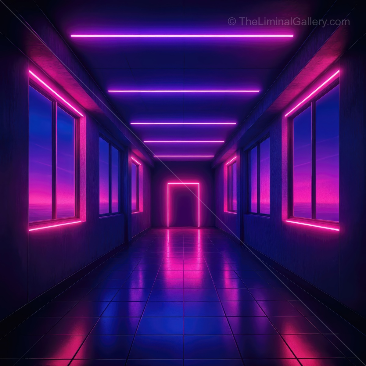 Bright neon corridor with vibrant purple and pink lights illuminating a futuristic space
