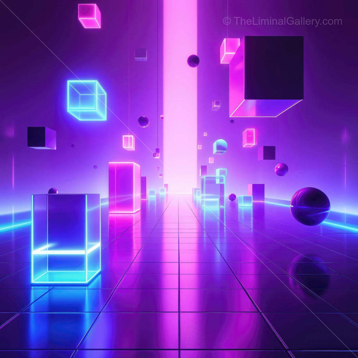 Neon cubes and spheres create a futuristic landscape in vibrant colors and reflections