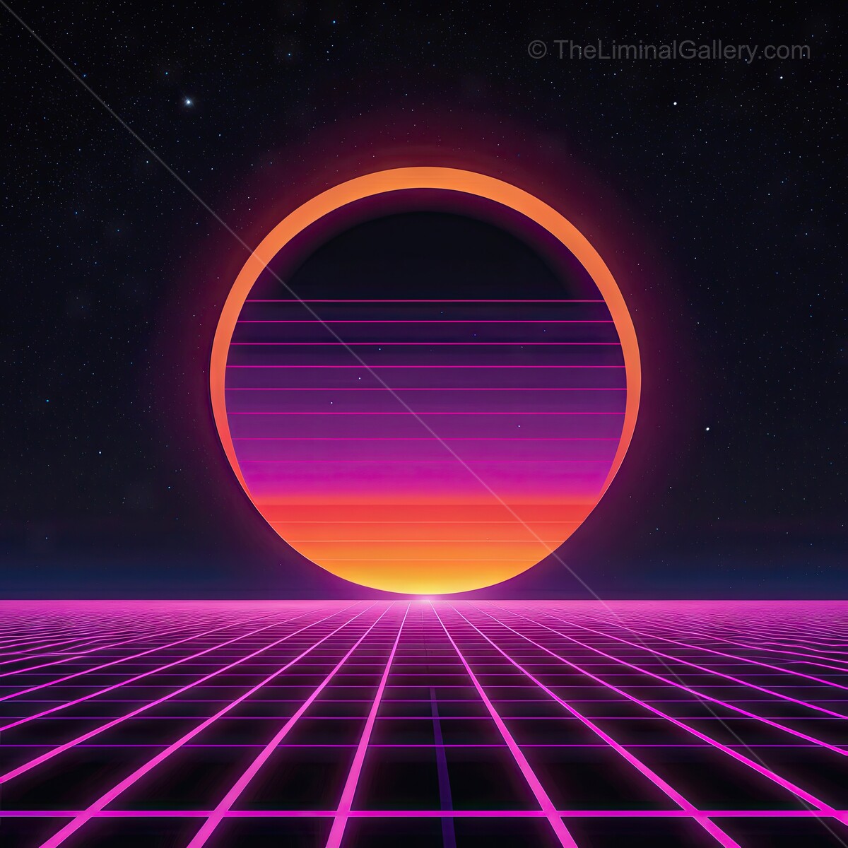 Vibrant synthwave sunset over a neon grid landscape with a cosmic backdrop at twilight