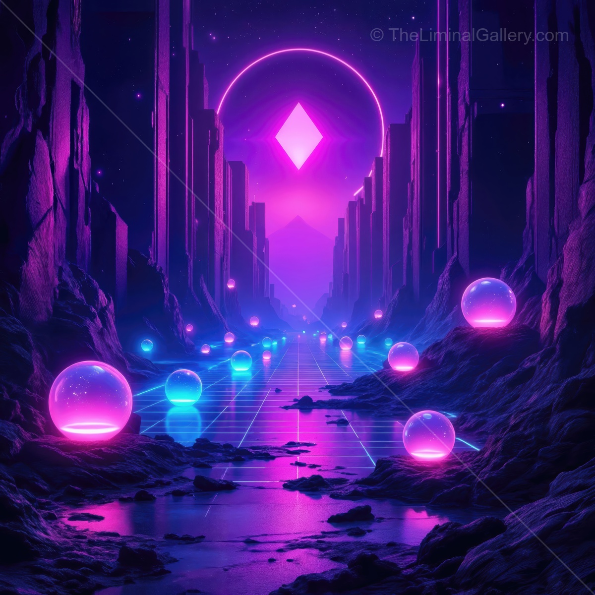 Vibrant neon landscape feels like a dream caught between reality and imagination under a starry sky