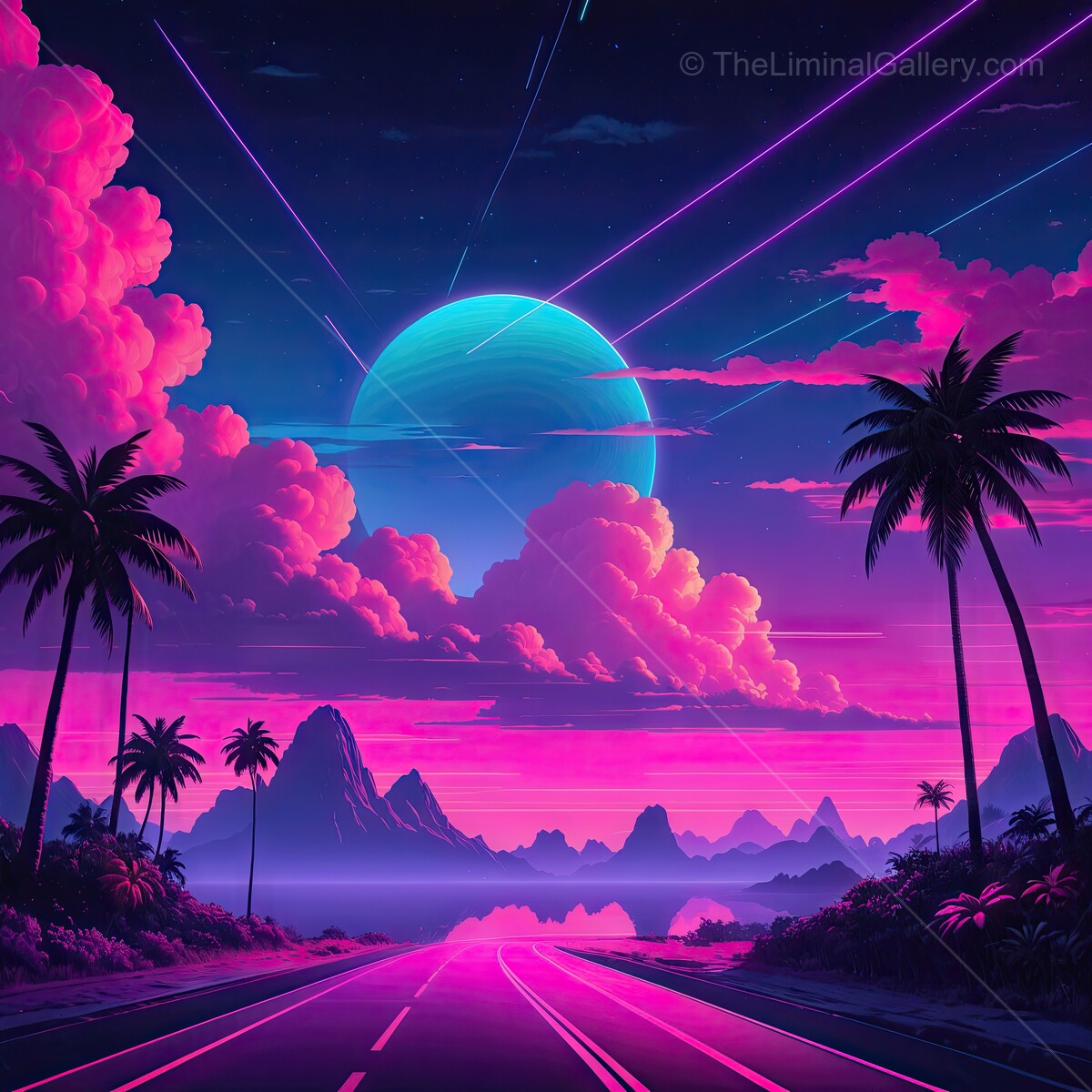 Vibrant 80s synthwave neon landscape at twilight with lush palm trees and distant mountains
