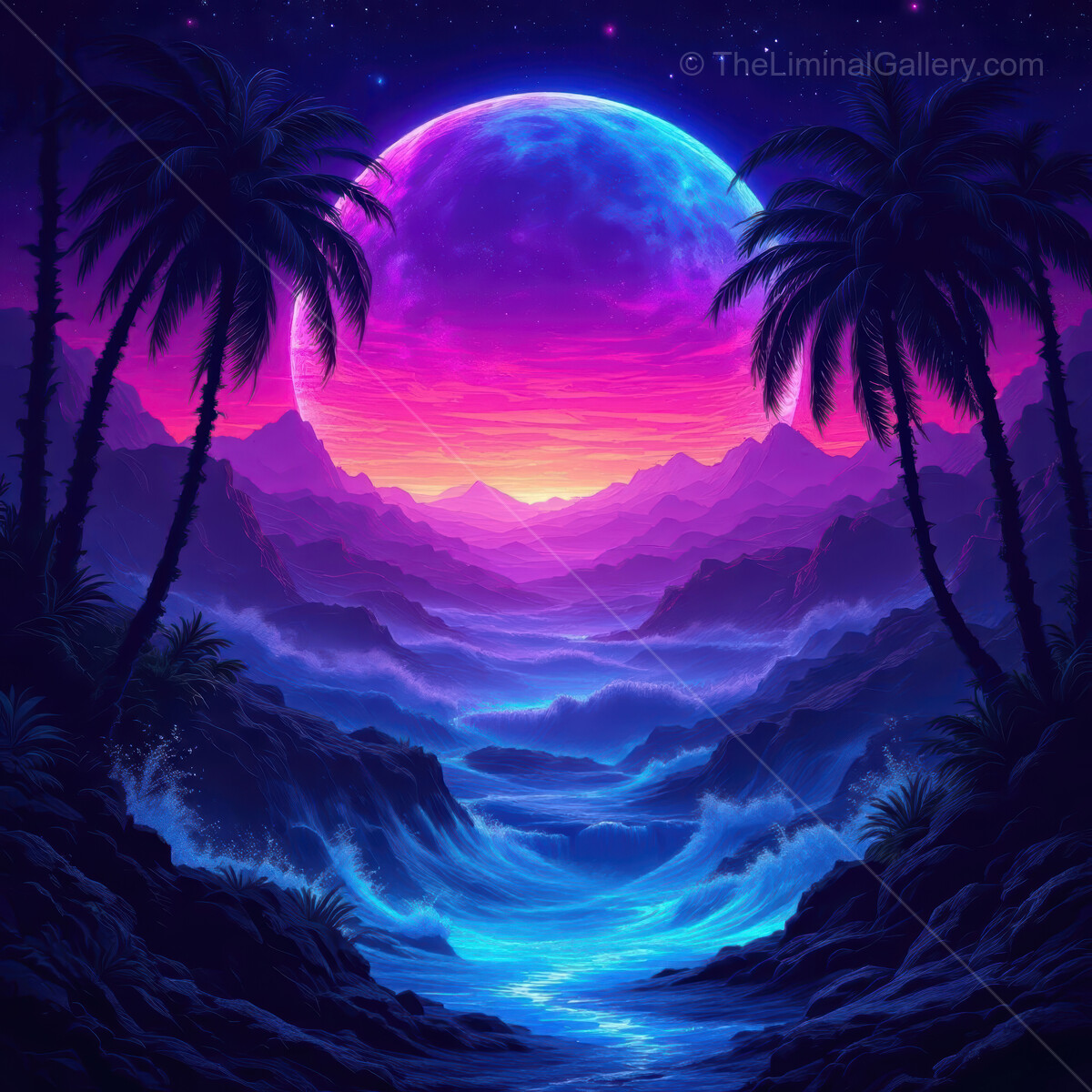 Majestic neon landscape with a vibrant moon illuminating the waves at dusk