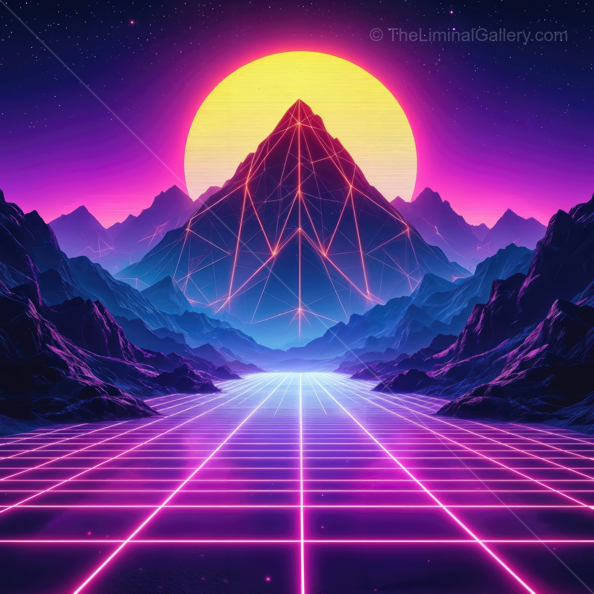 Vibrant neon landscape with glowing mountains and a radiant sunset reflects a digital dream world of imagination and wonder