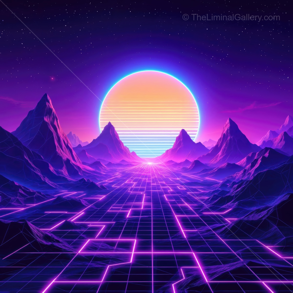 Vibrant neon landscape with glowing mountains and retro futuristic horizon at dusk