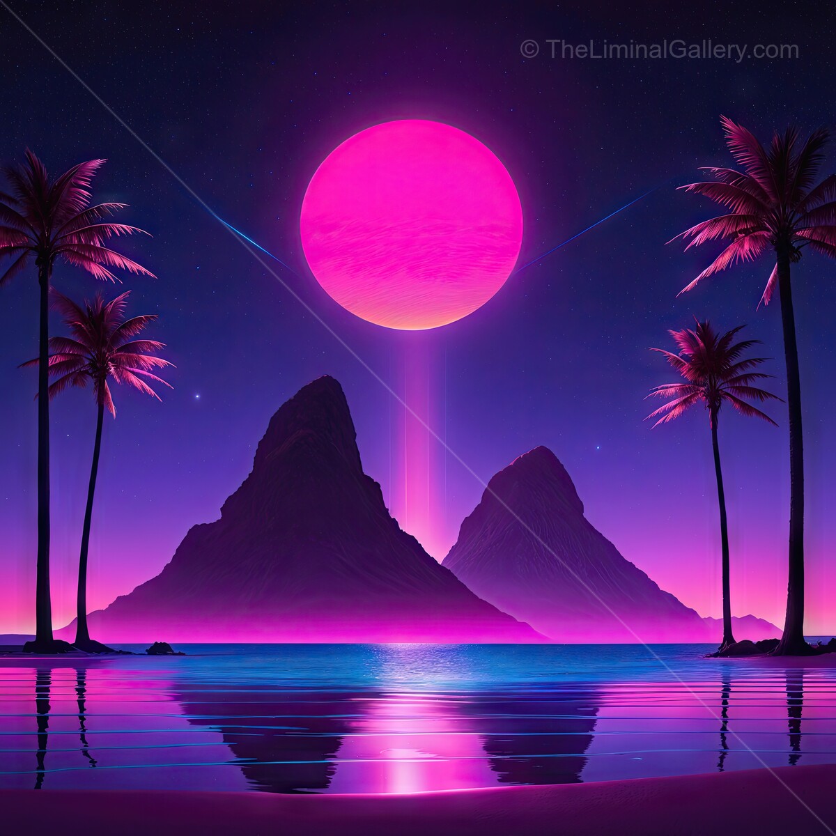Neon 80s synthwave twilight illuminates tropical mountains beneath a vibrant pink sky