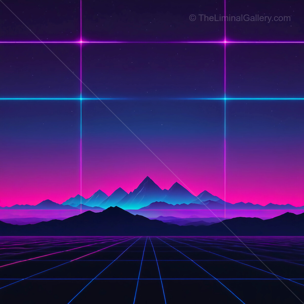 Neon synthwave mountains basking in the twilight glow of a virtual landscape filled with vibrant hues and starry skies