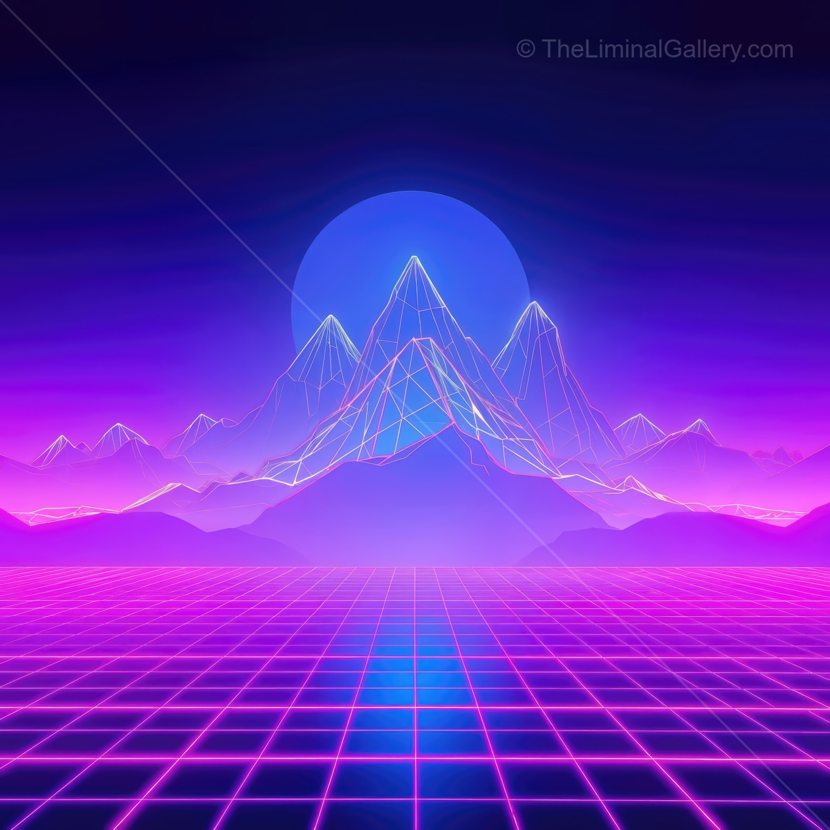 Vibrant neon mountains against a twilight sky with grid pattern in the foreground