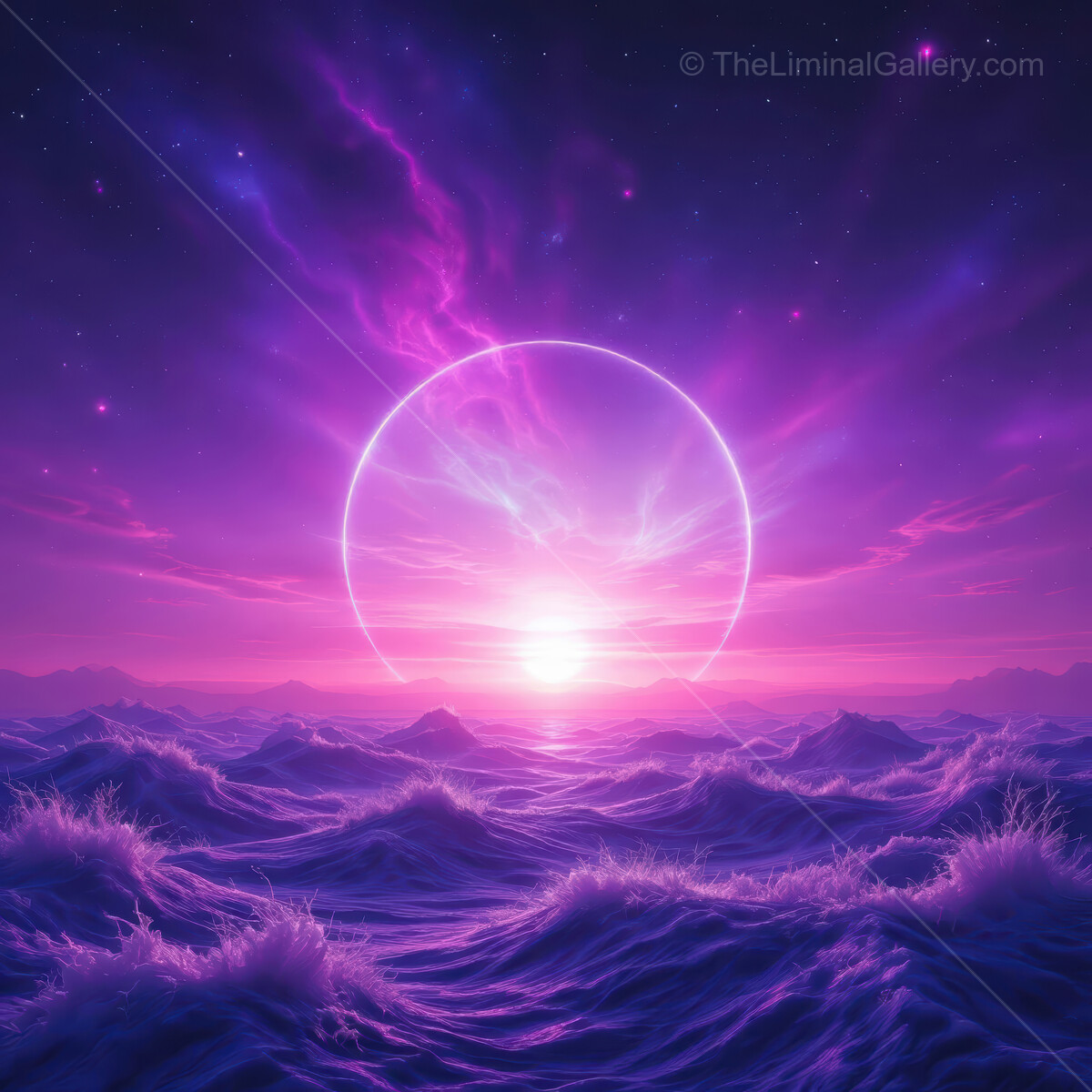 Cosmic synthwave horizon merges with ocean waves under a vibrant purple sky at twilight