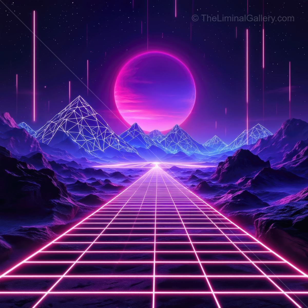 Journey through a neon-lit landscape under a vibrant surreal sky at twilight